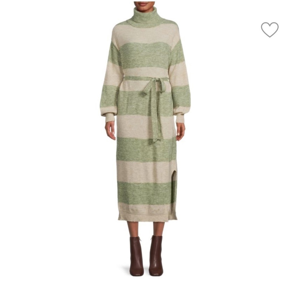 FRNCH Diana Midi Sweater Dress Women’s Small Striped Green Cream Slits Belted